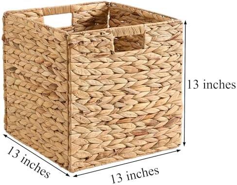 Handwoven Water Hyacinth Storage Baskets set of 4 Foldable Cube Bins Storage Oragnizer for Cabinet Shelf Bedroom Living Room (Natural, 13" L x 13" W x 13" H) - Image 2