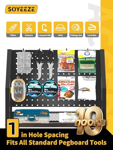 SOYEEZE Fishing Rod Holders for Garage, Fishing Pole Holders Up to 12 Rods with Pegboard and Hooks,Rolling Fishing Cart with Wheels, Fishing Gear Storage For Tackle Box & Reel Organization- 10 Hooks - Image 3