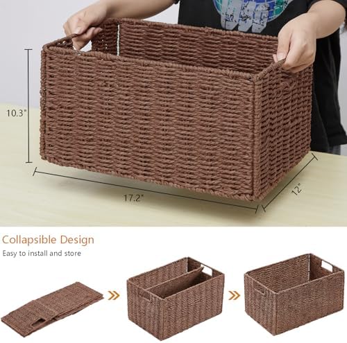 Vagusicc Wicker Storage Basket, Set of 2 Hand-Woven Paper Rope Wicker Basket, Small Storage Baskets for Organizing Toilet Paper Basket, Foldable Large Cube Storage Organizer Bins for Shelves (Brown) - Image 5