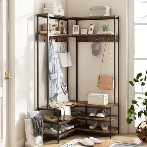 GIANTEX Corner Coat Rack, L-Shaped Hall Tree with Bench and Shoe Storage by Giantex