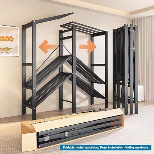Foldable Portable Closet Wardrobe on Wheel 2000Ibs Heavy-Duty Clothe Rack with Cover Freestanding Metal Clothing Rack Armoire Storage System Rolling Garment Racks (Wood Grain Black, 59in) - Image 5