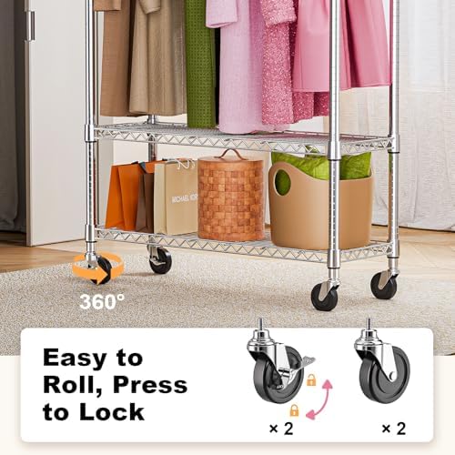M MZG Heavy Duty Rolling Garment Rack 3 Tiers Adjustable Wire Shelving Clothes Rack with 1 Rods and Side Hooks,Storage Closet Clothing Rack with Wheels Chrome 15.7" D x 45.3" W x 75.6" H - Image 3