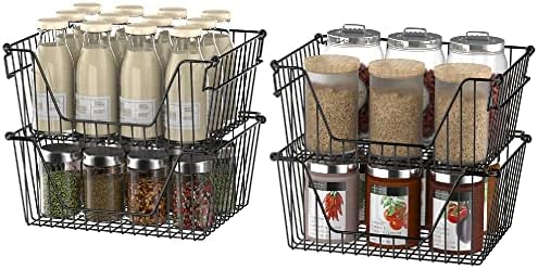 Slideep Wire Storage Baskets for Organizing, 4 Pack 14'' Stacking Metal Wire Freezer Organizer Bins with Handles, Large Pantry Baskets for Kitchen Cabinets, Bathroom, Laundry, Garage, Black - Image 3