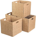 Foldable Square Baskets Set of 4, Paper Woven Storage Cube Bins with Handles for Shelves Cubby Organizing (Natural, 13'' x 13'' x 13'') by CYMFBSFBU