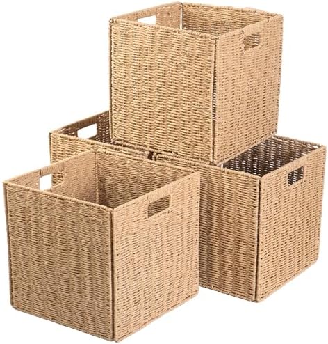Foldable Square Baskets Set of 4, Paper Woven Storage Cube Bins with Handles for Shelves Cubby Organizing (Natural, 13'' x 13'' x 13'') by CYMFBSFBU