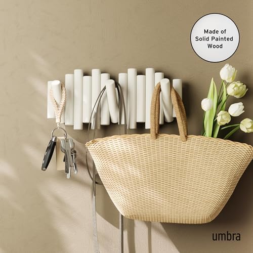 Umbra Picket Coat Rack, Wall Mount 5 Flip-Down Coat Hooks, White - Image 2