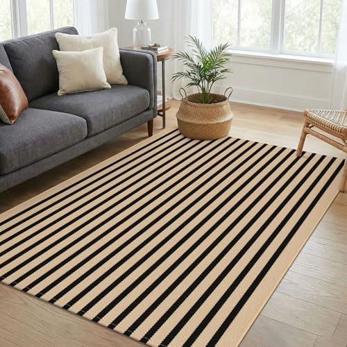 KOZYFLY 4x6 ft Brown and Black Striped Rug Front Door Rug Cotton Woven Rugs - Image 2
