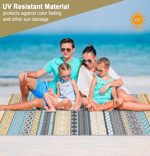 GlowSol Outdoor Rugs 9x12 Waterproof Portable Camping Carpet, Reversible Outdoor Plastic Straw Rug for Patio, RV Mat Bohemian Outdoor Rugs for Porch,Deck,Backyard,Balcony,Picnic,Yellow/Teal - Image 6