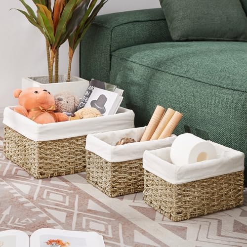 Vagusicc Wicker Basket, Seagrass Wicker Storage Basket with Built-in Handles, Baskets for Organizing, 15'' Large Storage Baskets for Shelves with Liner bathroom organizer (3-Pack Seagrass Baskets Set) - Image 2