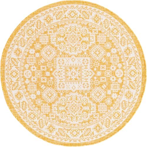 Rugs.com - Outdoor Aztec Rug – 4 Ft Round Yellow Indoor/Outdoor Rug – Flatweave Aztec Design for Patio, Deck, and Porch - Image 3