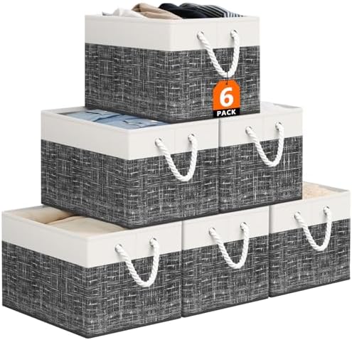 StorageTastic Storage Bin,Collapsible Storage Basket For Organizing,Large Storage Boxes With Rope Handles,Storage Containers,White & Black,6 Pack by StorageTastic