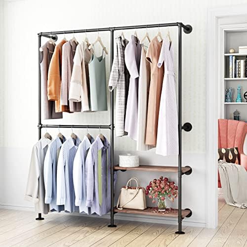 Industrial Pipe Clothes Racks with Black Shelves, Industrial Pipe Black Clothing Rack with Double Hanging Rods, Heavy Duty Wall Mounted Clothing Rack Rod for Closet Storage, Bedroom by IronJiaZu