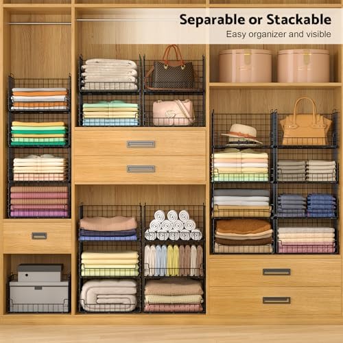 4-Tier Stackable Closet Organizers and Storage Basket - Foldable Closet Shelf Organizer System, Sturdy Metal Space-Saving Clothes Storage Bins for Wardrobe, Black - Image 4
