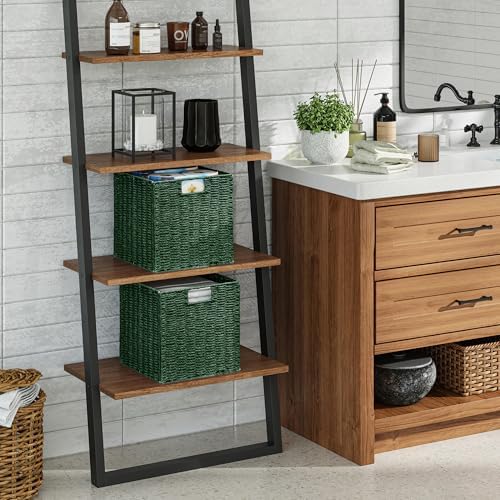 Vagusicc Wicker Storage Basket, Set of 2 Hand-Woven Paper Rope Wicker Baskets, Foldable Cube Storage Bins, Square Storage Baskets for Organizing Shelves & Decor, Green (11″×11″×11″) - Image 5