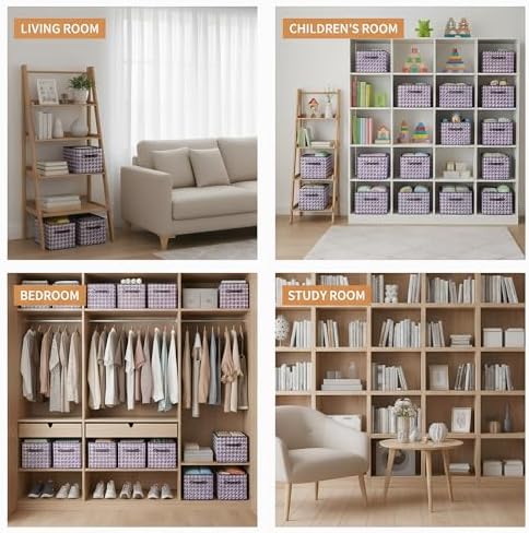 6 Pack Large Collapsible Storage Baskets for Shelves,14.9"x9.5" Fabric Closet storage Boxes with Leather Handles,Decorative Organizers Storage Bins for Clothes,Sheets,Books,(Purple Houndstooth - Image 5