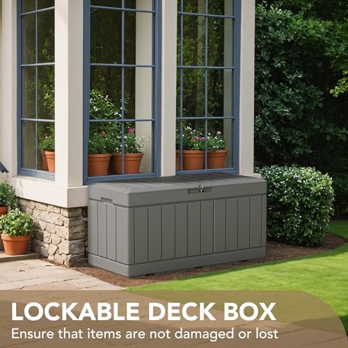 Devoko 85 Gallon Deck Box Lockable Resin Outdoor Storage Box waterproof Outdoor Container for Patio Furniture Cushions, Pillow (Grey) - Image 4