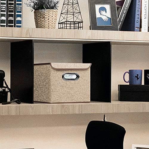 Storage Bin [Set of 4] Linen Fabric Foldable Container with Lid, Collapsible Organizer Boxes Cubes – 10 x 10 x 10 Inches (Beige) - Image 4
