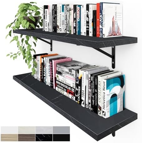 Kaboon 36 inch Long 10 inch Deep Floating Shelves for Wall Set of 2, Large Open Shelves Wall Mounted, Space Saving Home and Commercial Use, Cloud Atlas/Black Marble by Kaboon