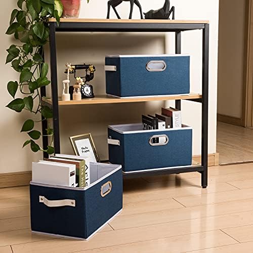 PRANDOM Large Collapsible Storage Baskets for Closet [5-pack] Decorative Fabric Storage Bins Cubes with Leather/Metal Handles for Shelves Bedroom Living Room Royal Blue (14.9x9.8x8.3 Inch) - Image 3