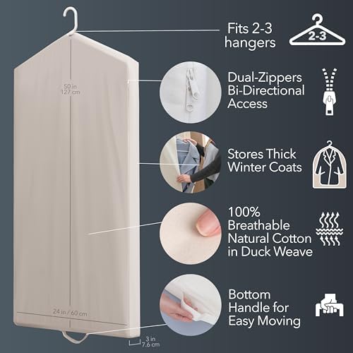 Luxury Cotton Garment Storage Bags, Medium and Large, Breathable Washable Reusable, for Hanging Clothes, Dresses, Jackets, Suits, Fits 3 Hangers, Zipper Window (2, 24x40 and 24x50) - Image 3