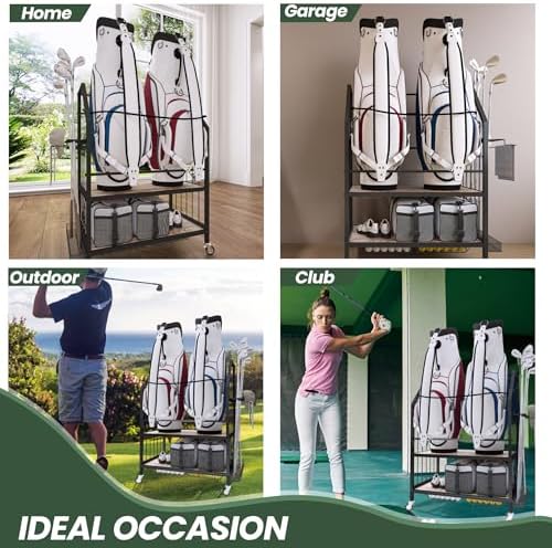 FLYJOE Golf Bag Organizer Storage Golf Bag Rack for Two Golf Bags with Clubs Holder and Golf Equipment Accessories Movable Lockable Wheels for Garage - Image 6
