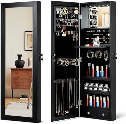 6 LEDs Mirror Jewelry Cabinet, Over the Door Jewelry Organizer with Full Length Mirror, Wall Mounted or Door Hanging Jewelry Box with Storage by JOYUSAEN