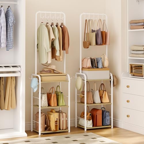 Tall Purse Organizer for Closet with Wood Shelves, Metal Floor-Standing Purse Rack Stand, Narrow High-Capacity Purse Storage and Bag Organizer for Bedroom, Entryway and Small Space - Image 6