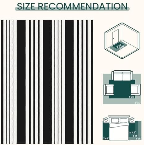 KOZYFLY 4x6 ft Striped Rug Black and White Front Door Rug Cotton Woven Rugs - Image 3
