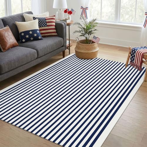 KOZYFLY Striped Rug 4x6 ft Front Door Rugs Blue White Cotton Woven Rug - Image 2