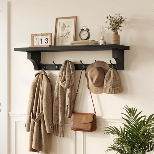 RALGEND 29" Coat Rack Wall Mount Shelf, Wall Shelf with 6 Hooks, Long Coat Hangers for Living Room, Entryway Storage Organizer, Wooden Floating Shelves for Bathroom, Bedroom, Kitchen, Black 7401BJBB - Image 5