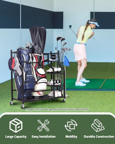 Golf Bag Storage Organizer Rack for Garage, Golf Bag Stand with Rolling Wheels, Heavy-Duty Metal Golf Equipment Organizer for Home, Garage, Clubhouse - Image 5