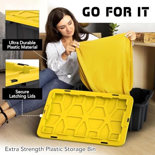 8 PACK of 12 Gallon Medium Black & Yellow Storage Bins | Plastic Tote Organizing Container with Secure Latching Lids, Stackable, Extra Strength with Built in Handle | 24.5" x 16.5" x 9" - Image 4