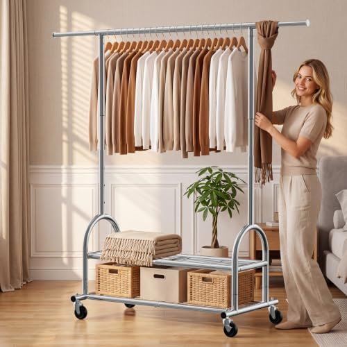 Heavy Duty Metal Clothes Rack Load 586 LBS, Height‑Adjustable Rolling Garment Rack for Hanging Clothes, Sturdy Wheel Clothing Rack with 2 Shelves, Portable Closet Wardrobe Organizer Rack, Silver - Image 2