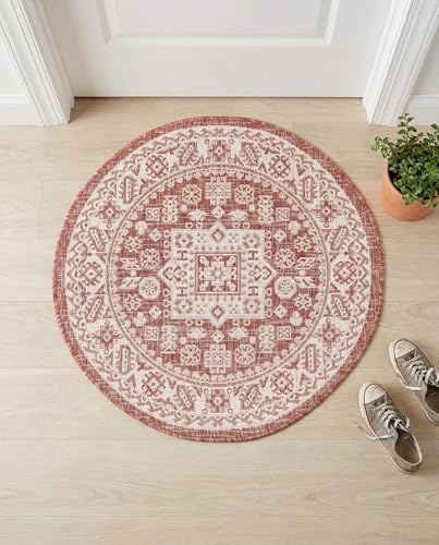 Rugs.com - Outdoor Aztec Rug – 3 Ft Round Rust Red Easy-Clean Indoor/Outdoor Rug – Weather Resistant for Patios, Decks, and Porches by Rugscom