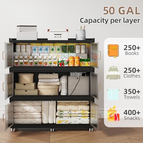 SAILUN 240Gal Extra Large Stackable Storage Bins with a Lid, Collapsible Storage Bins With Doors and Wheels, Foldable Storage Cabinet for Garage Closet Organization, Black, 3Pack 39.4" W - Image 2