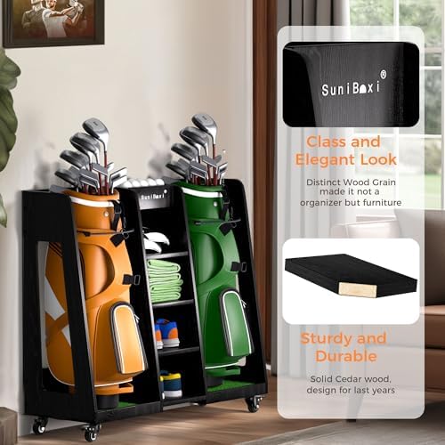 SuniBoxi Wooden Golf Bag Organizer with Wheels, 2-Bags Storage, Dark Black - Image 2