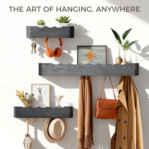 Coat Rack Wall Mount with Shelf Entryway Shelf Modern Key Holder Hanger Wall Shelves with Hidden Hooks for Hanging Towels Coats Hats Bags for Hallway Bathroom Bedroom(Wavy Black, 8 Hooks) - Image 3