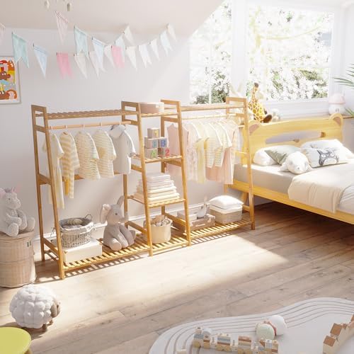 BAMBOOHOMIE Kids Clothing Rack with Shelves, Bamboo Clothes Garment Rack for Kids Child Baby, Kids Dress Up Storage Rack with Top Shelf, Toddlers Wardrobe Closet for Nursery (Large Size) - Image 6