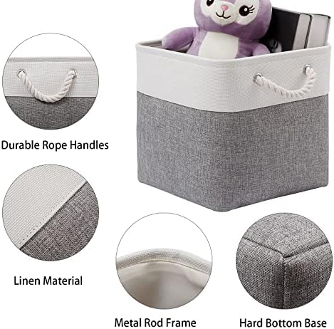 Fabric Storage Cubes 13 x 13, Collapsible Storage Bins for Shelf Baskets, Cube Storage Organizer White Gray Bins with Cotton Handles, Foldable Storage Bin box, Cube Storage Bin 6 Pack - Image 3