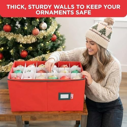 Christmas Ornament Storage Container with Dividers - Box Stores Up to 54 Ornaments, Zippered, Convenient, Adjustable, Large Organizer Bin to Protect Holiday Décor, Fits Most Standard Size, Red - Image 4