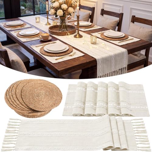 Long Table Runner and Round Woven Placemats Set, 6 Sets, Beige by Gandeer