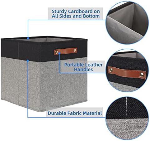 Temary 13 x 13 Storage Cubes Foldable Storage Cubes 4 Pack Canvas Storage Bin for Home, Square Storage Baskets with Leather Handles (Black&Grey) - Image 3