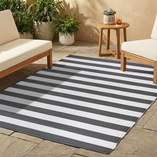 FH Home Outdoor Rug - Waterproof, Fade Resistant, Crease-Free - Premium Recycled Plastic - Geometric - Patio, Porch, Deck, Balcony - Brittany Stripe - Gray & White - 5 x 8 ft by FHHome