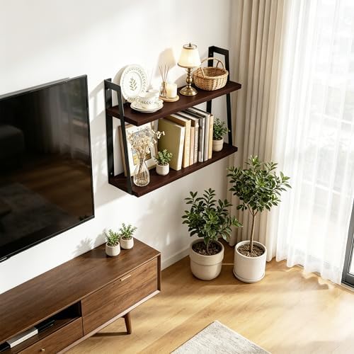 SRIWATANA Dark Walnut 2-Tier Floating Shelves, Wood Wall Storage Shelf Unit - Image 4