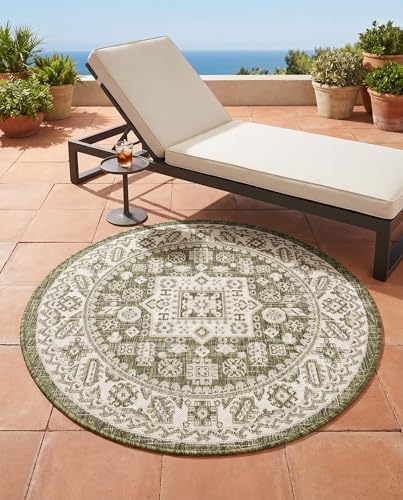 Rugs.com - Outdoor Aztec Rug – 3 Ft Round Green Washable Indoor/Outdoor Rug – Perfect for Patios, Decks, and Porches - Image 5