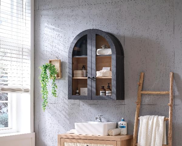 Bathroom Arched Wall Cabinet, 23.5'' Wide Medicine Cabinet, Wall Mount with Glass Doors & Adjustable Shelves, Over the Toilet Storage Cabinet for Laundry Room, Bedroom, Kitchen, Grey Black - Image 3