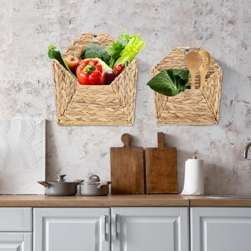 Wall Mounted Storage Baskets, 2PCS Handmade Water Hyacinth Storage Baskets Wall Hanging Organizing Container for Living Room,Bedroom,Kitchen (Large+Small) - Image 6