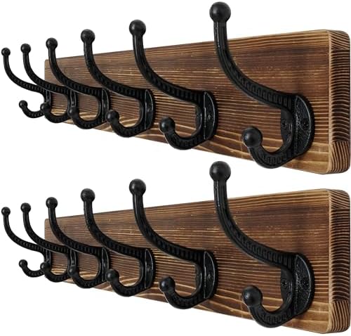 WEBI Rustic Coat Rack Wall Mount,24" Long 6 Cast Iron Coat Hooks Wall Mounted,Heavy Duty Wood Wall Coat Hanger Hooks for Hanging Coats,Jacket,Clothes,Backpack,Farmhouse,Brown,2 Packs by WEBI