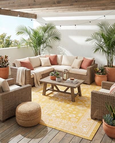 Rugs.com - Outdoor Aztec Rug – 7' 10 x 11' Yellow Indoor/Outdoor Rug – Weather-Resistant Flatweave Area Rug for Patios, Decks, and Porches by Rugscom