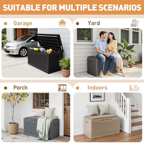 Greesum 100 Gallon Resin Deck Box Large Outdoor Storage Boxes with Cushions for Garden Tools, Patio Furniture Pillows, Pool Supplies, Gray - Image 4
